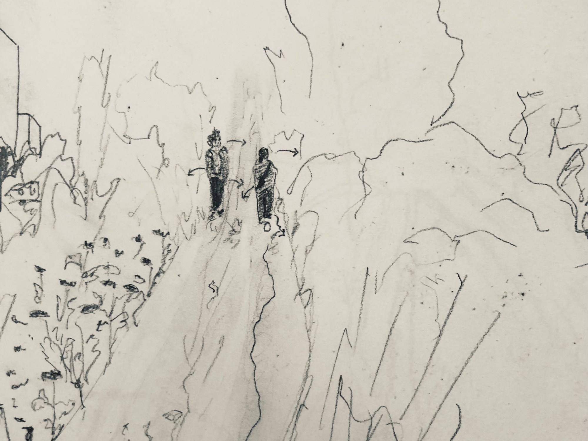 Pencil sketch of Cara Roy and Nicolas Patry