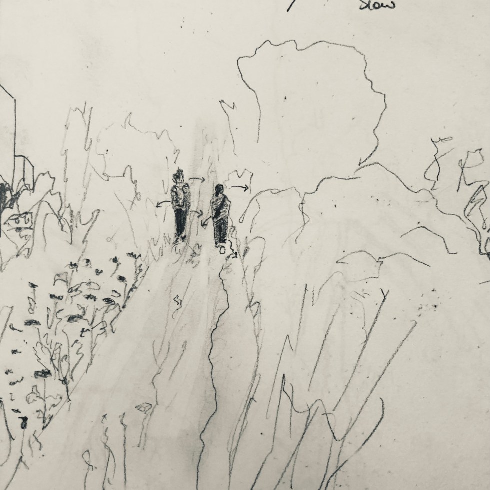 Pencil sketch of Cara Roy and Nicolas Patry