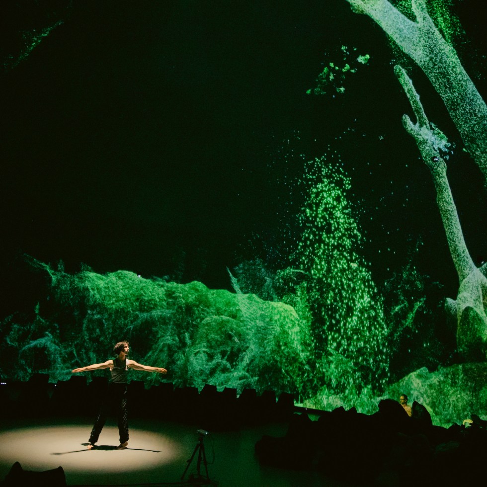 Dancer Lucy Fandel standing in dome projection of green forest